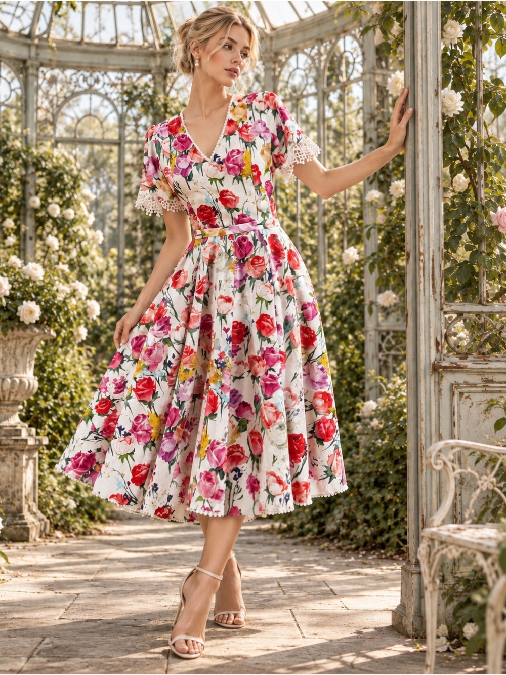 Blumarine White Floral & Lace Trim Midi Dress - IT 42 / US 6